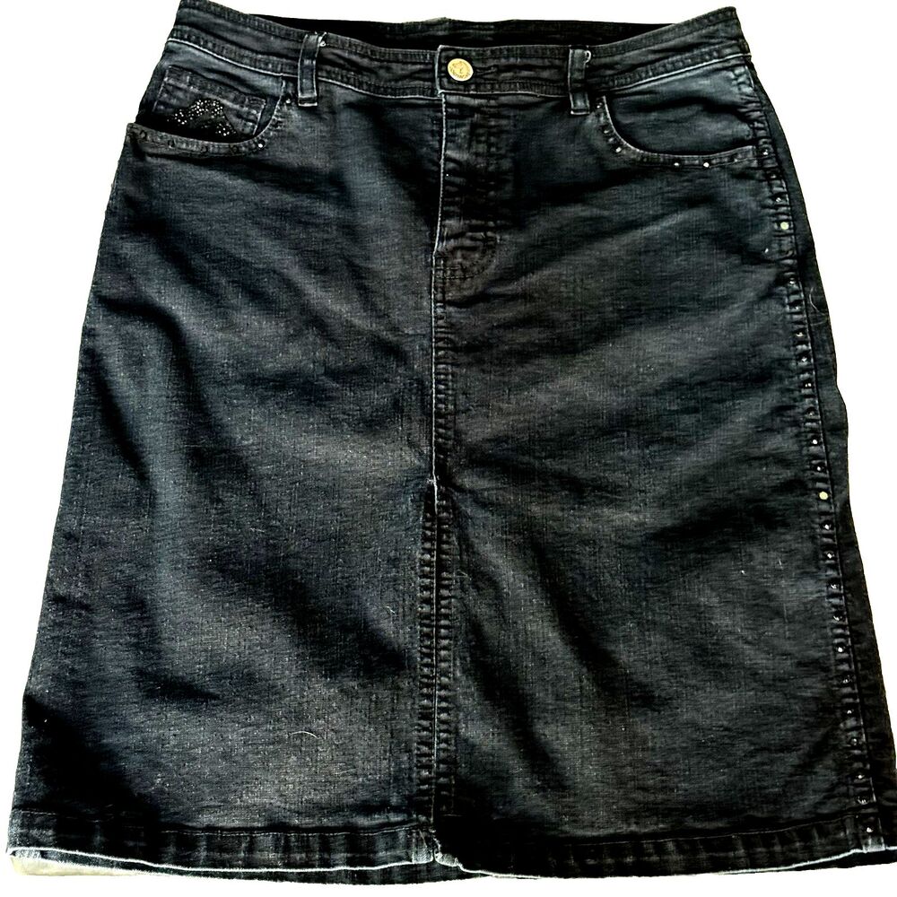 VTG Jordache black denim pencil skirt w/ front slit & bedazzled Size 9 80s 90s